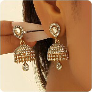 Women's Gold Stunning Earring Vintage Indian Bollywood Wedding Prom Jhumkas